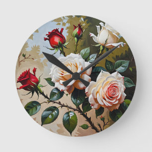 Reloj Redondo Mediano pintura al óleo de rosas blancas y rojas de color