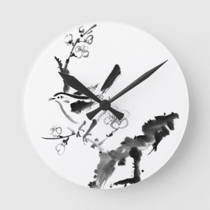 Reloj Redondo Mediano Pintura china, flor del ciruelo y pájaro