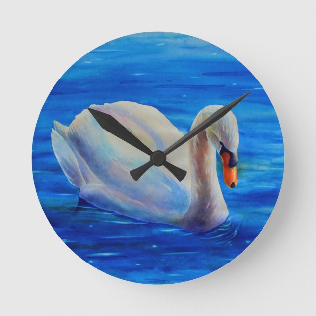 Reloj Redondo Mediano Pintura de acuarela de cisne blanco, aves acuática (Anverso)