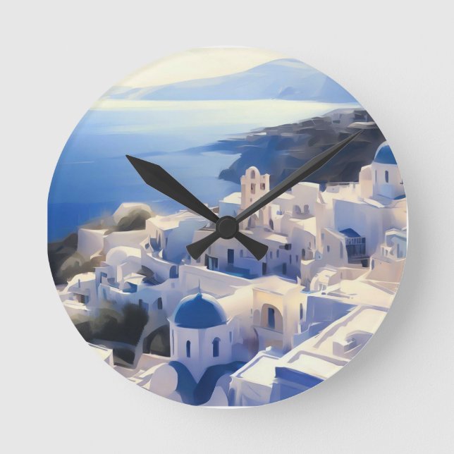 Reloj Redondo Mediano Pintura de acuarela de Santorini Grecia (Anverso)