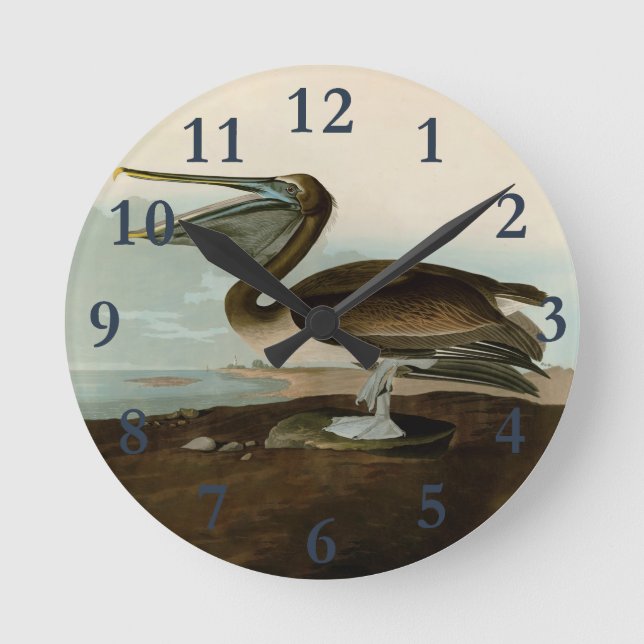 Reloj Redondo Mediano Pintura de arte pelicano John James Audubon Brown (Anverso)