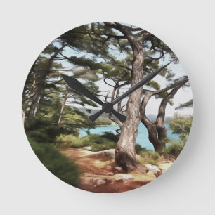 Reloj Redondo Mediano Pintura de bosque de pino de Pinus pinea