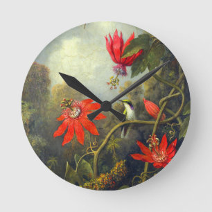 Reloj Redondo Mediano Pintura de colibrí y pasionarias