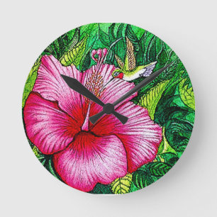 Reloj Redondo Mediano Pintura de color de agua de Hummingbird Hibiscus