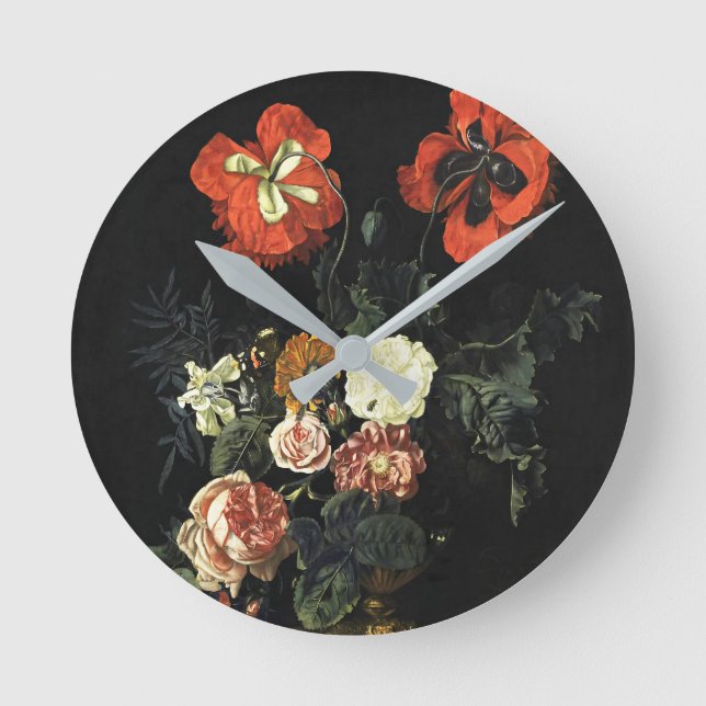 Reloj Redondo Mediano Pintura de época con vida con flores (Anverso)