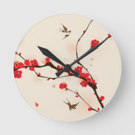 Reloj Redondo Mediano Pintura de estilo oriental, flor de ciruela en la 