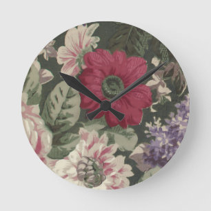 Reloj Redondo Mediano Pintura de flores vintage rojas rosadas azules bla