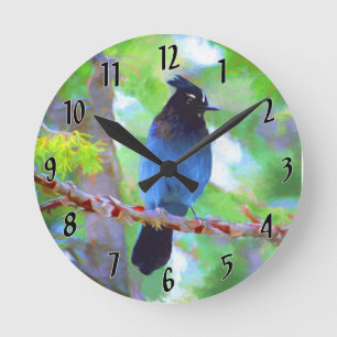 Reloj Redondo Mediano Pintura de Jay de Steller - Arte de pájaro salvaje