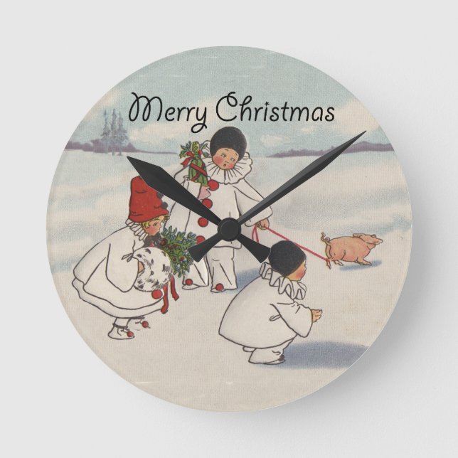 Reloj Redondo Mediano Pintura de los niños de la nieve de navidad de los (Anverso)