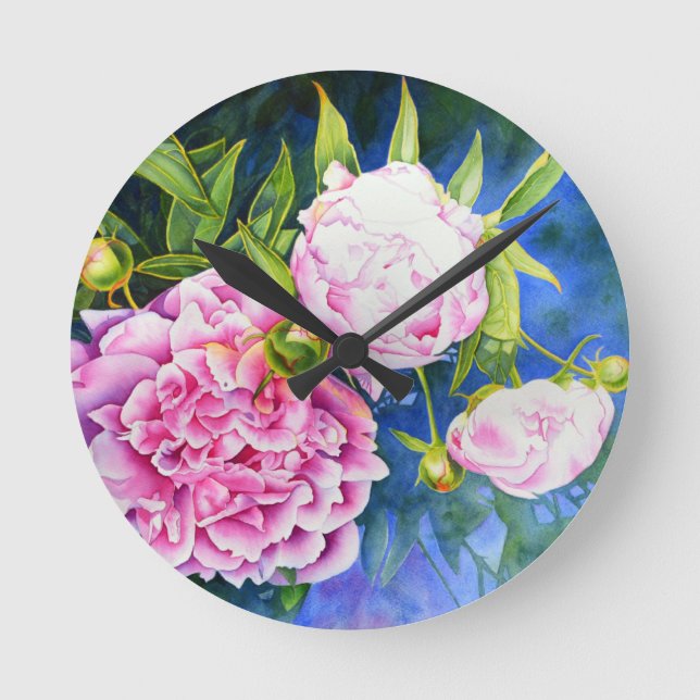 Reloj Redondo Mediano Pintura de peón blanco rosa| floral romántica (Anverso)