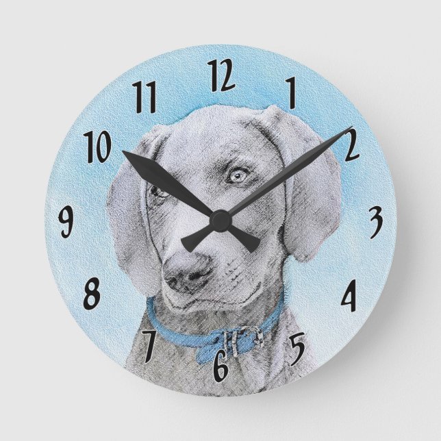 Reloj Redondo Mediano Pintura de Weimaraner - Arte de Perro Original. (Anverso)