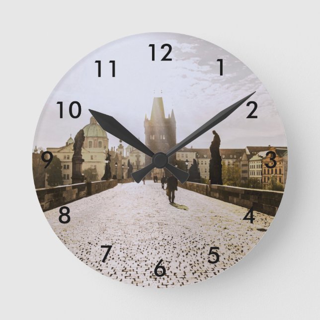 Reloj Redondo Mediano Pintura del puente Carlos en Praga al amanecer (Anverso)