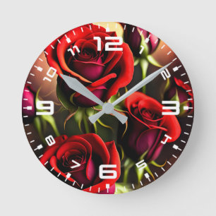 Reloj Redondo Mediano Pintura digital de flores de rosa roja-58567