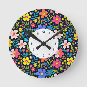 Reloj Redondo Mediano Pintura digital floral patrón de flores