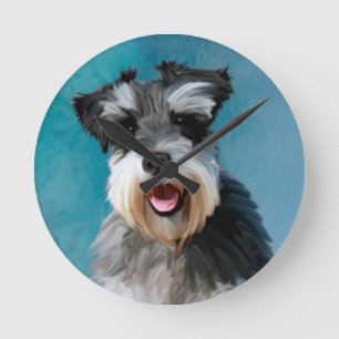 Reloj Redondo Mediano Pintura en Acuarela de Schnauzer Miniatura