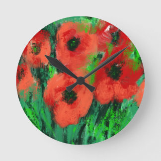 Reloj Redondo Mediano Pintura floral de amapolas rojas abstractas