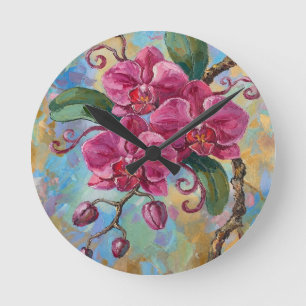 Reloj Redondo Mediano Pintura floral de orquídea rosa