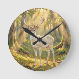 Reloj Redondo Mediano Pintura majestuosa del ciervo del bosque dorado