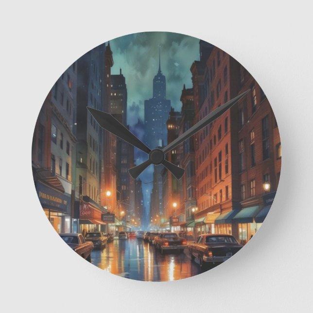 Reloj Redondo Mediano Pintura nocturna de Nueva York de Manhattan (Anverso)