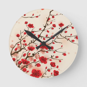 Reloj Redondo Mediano Pintura oriental del estilo, flor del ciruelo en