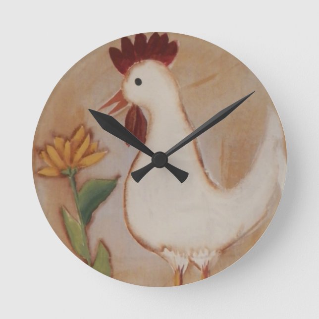 Reloj Redondo Mediano Pintura primitiva de pollo y flores (Anverso)