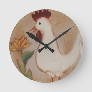 Reloj Redondo Mediano Pintura primitiva de pollo y flores