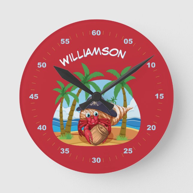 Reloj Redondo Mediano Pirate Hermit Crab Beach personalizado niños diver (Anverso)