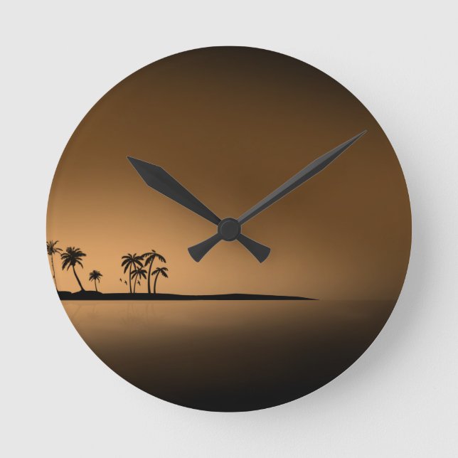 Reloj Redondo Mediano Piscina de palmeras-isla-puesta de sol1432 GOLDEN  (Anverso)