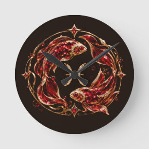 Reloj Redondo Mediano Piscis Zodiaco Rojo de Lujo