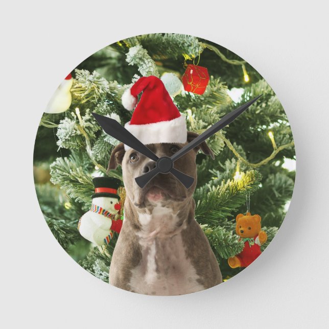 Reloj Redondo Mediano Pitbull Perro Árbol de Navidad Ornamentos Snowman (Anverso)