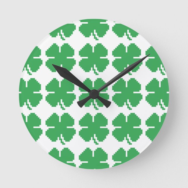 Reloj Redondo Mediano Pixel Lucky Four Leaf Clover de 8 bits (Anverso)