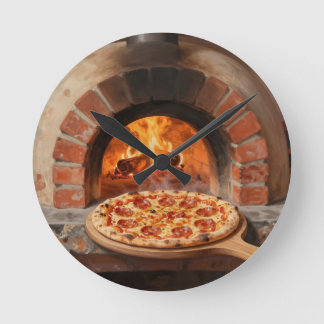 Reloj Redondo Mediano Pizza de Pepperoni a la Leña Rústica Italiana