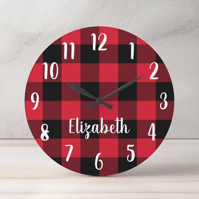 Reloj Redondo Mediano Placa personalizada de búfalo rojo y negro (Personalized Red and Black Buffalo Plaid Round Clock)
