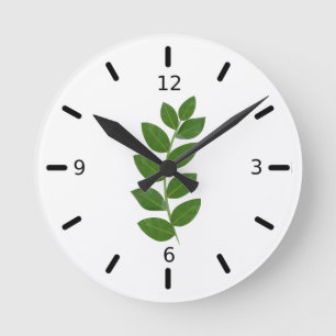 Reloj Redondo Mediano Planta moderna de laurel verde deja en blanco