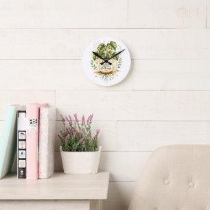 Reloj Redondo Mediano Planta Monstera en taza de café   Botánico acogedo