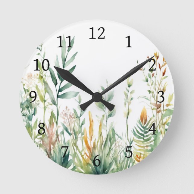 Reloj Redondo Mediano Plantas botánicas Diseño Blanco Verde 311 (Anverso)