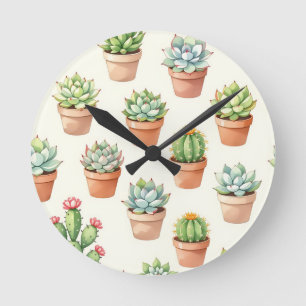 Reloj Redondo Mediano Plantas Suculentas Patrón Continuo Macetas de Terr