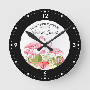 Reloj Redondo Mediano Plantilla de Invitación de Boda de Flamencos Tropi