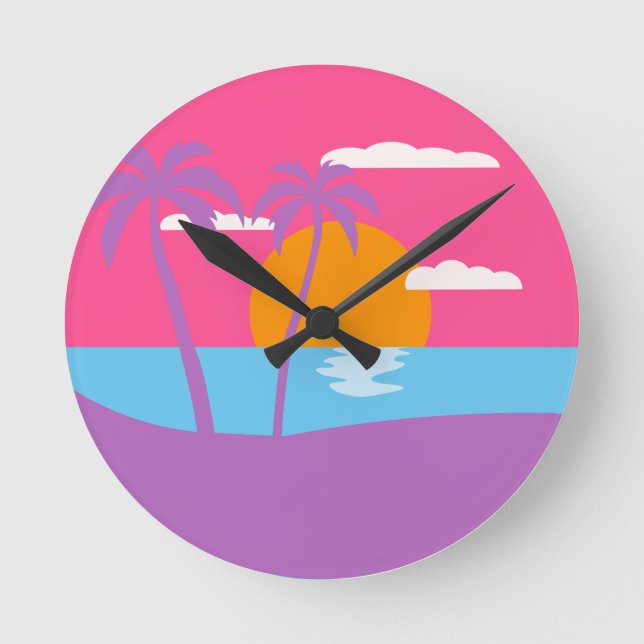 Reloj Redondo Mediano Playa de isla tropical retro (Anverso)