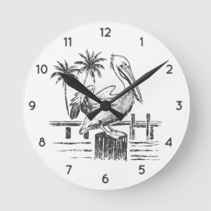 Reloj Redondo Mediano Playa De Verano De Moda Palm Tree Pelican En Un Po