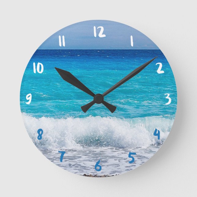 Reloj Redondo Mediano Playa Tropical Agua Turquesa Espuma del Mar Azul (Anverso)