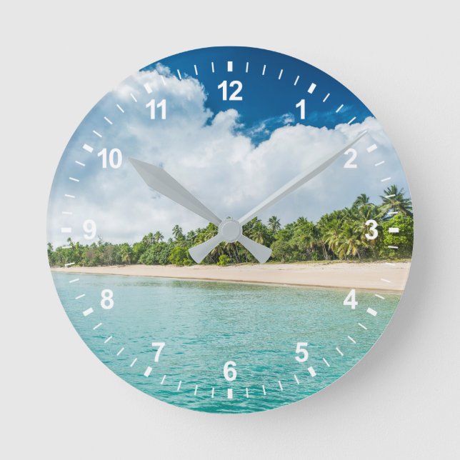 Reloj Redondo Mediano Playa Tropical Con Palmeras (Anverso)