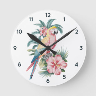 Reloj Redondo Mediano Playas de veraneo de moda Parrot y Flores Hibiscus