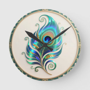 Reloj Redondo Mediano Pluma de pavo real iridiscente Art Nouveau