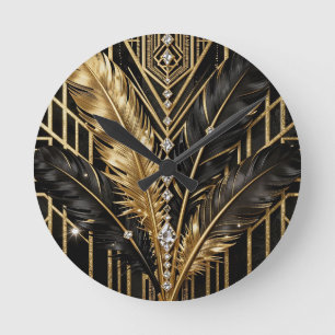 Reloj Redondo Mediano Plumas Art Deco Negro Oro