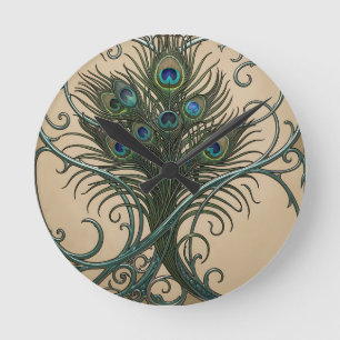 Reloj Redondo Mediano Plumas de pavo real Art Nouveau Marco teal ornamen
