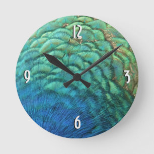 Reloj Redondo Mediano Plumas de Pavo Real I Diseño de Naturaleza Abstrac
