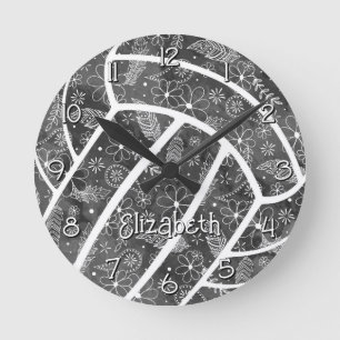 Reloj Redondo Mediano plumas paisleys florales voleibol negro gris