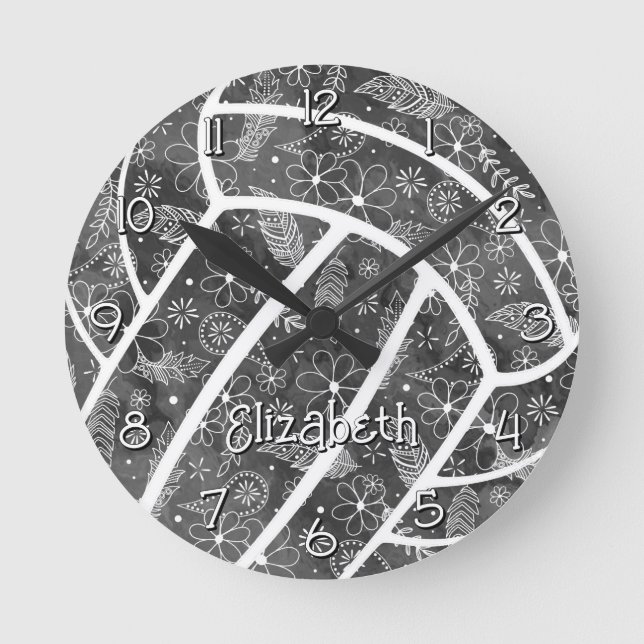 Reloj Redondo Mediano plumas paisleys florales voleibol negro gris (Anverso)