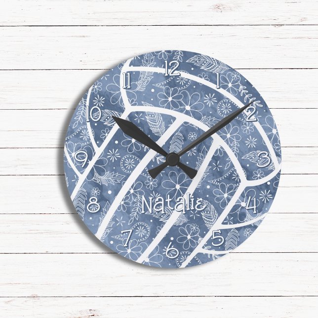 Reloj Redondo Mediano plumas paisleys flores denim voleibol azul (Subido por el creador)